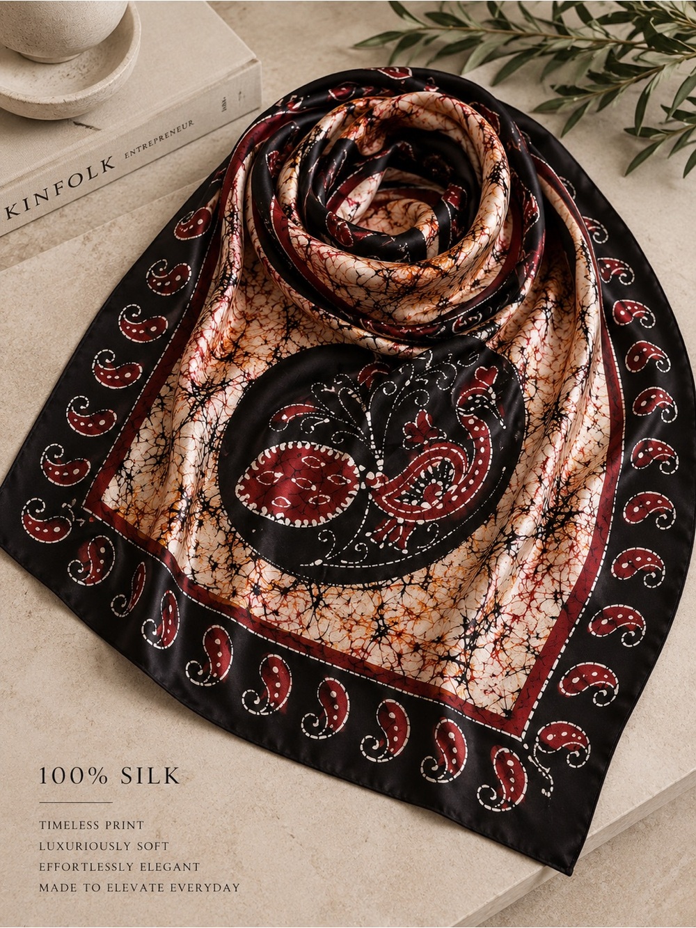 Silk Paisley Print Scarf in Black and Burgundy